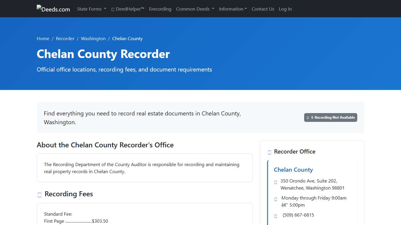 Chelan County Recorder Information, Washington - Deeds.com