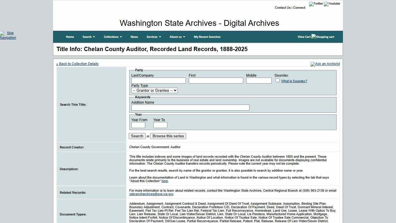 Washington State Archives, Digital Archives - Title Info: Chelan County Auditor, Recorded Land Records, 1888-2025